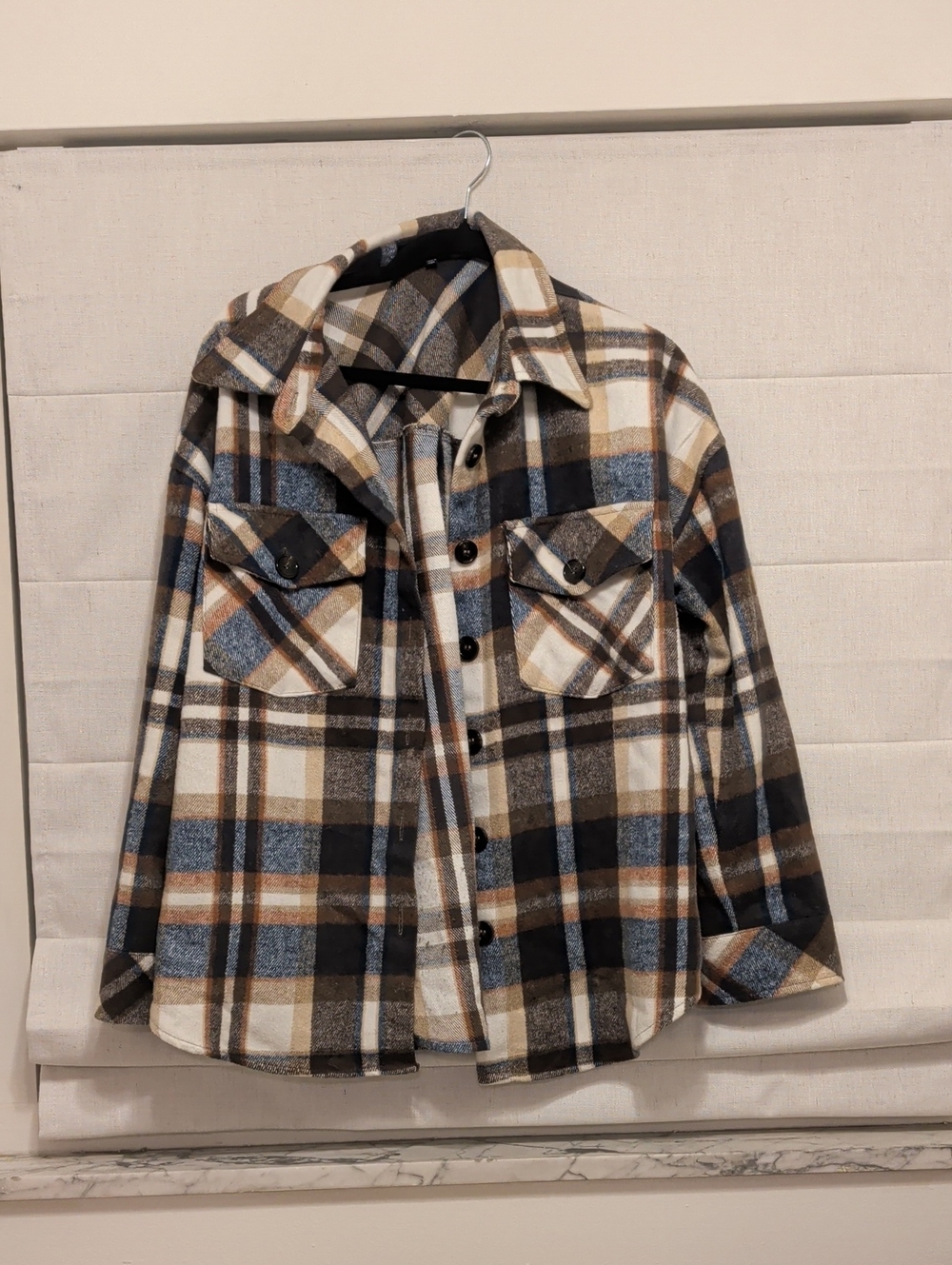 E& M Boutique Women's Plaid Button-Up Shirt Jacket in Brown, Blue & Cream
